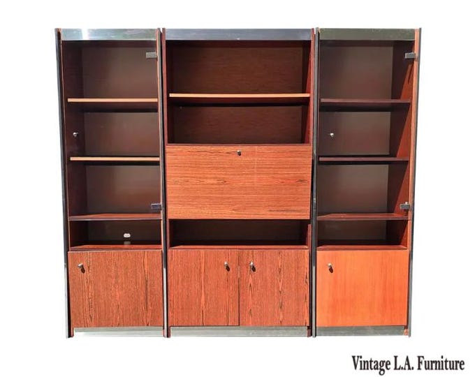 Vintage Mid Century Modern Three Bay Bookcase Wall Unit w Glass Cabinet Doors