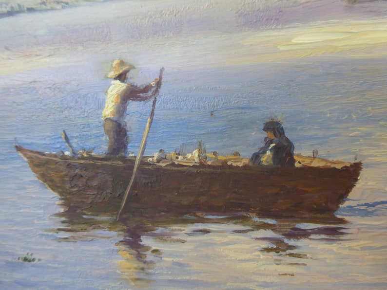 Beautiful Signed 2002 Fishing Scene Oil on Canvas Picture by Alfredo Gomez image 7