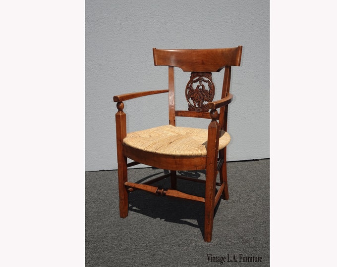 Vintage French Country Carved Lovebirds Backrest Accent Chair w Rush Seat