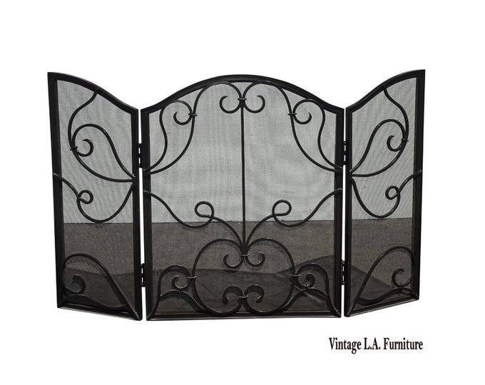 Vintage French Country Spanish Style Heavy Three Panel Black Fireplace Screen
