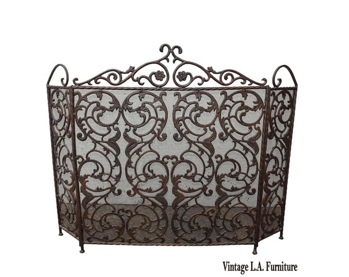 Vintage French Provincial Brown Scrolled Cast Iron Three Panel Fireplace Screen
