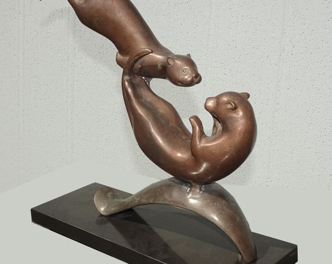 Vintage Bronze Balancing Swimming Otters Statue ~ Sculpture