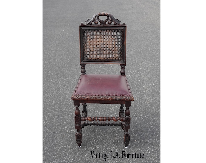 Vintage Spanish Style Cane Back Barley Twist Ornate Burgundy Accent Chair