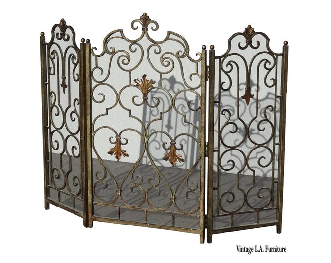 Vintage French Country Three Panel Gold Fireplace Screen