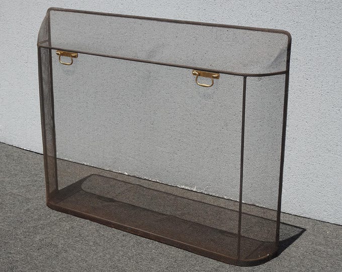 Vintage Black Fireplace Screen Guard w Curved Mesh Brass Handles