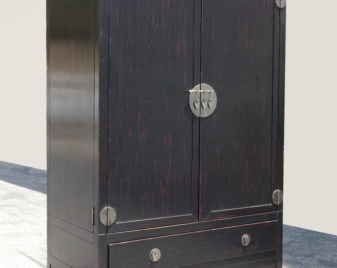 Vintage Asian Baker Furniture Black Lacquer Entertainment Storage Cabinet Armoir