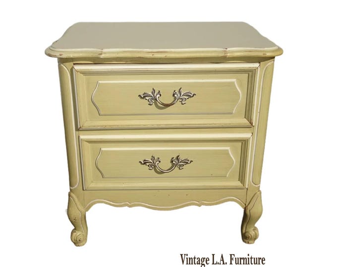 Vintage French Privincial Yellow Nightstand w Brass Hardware