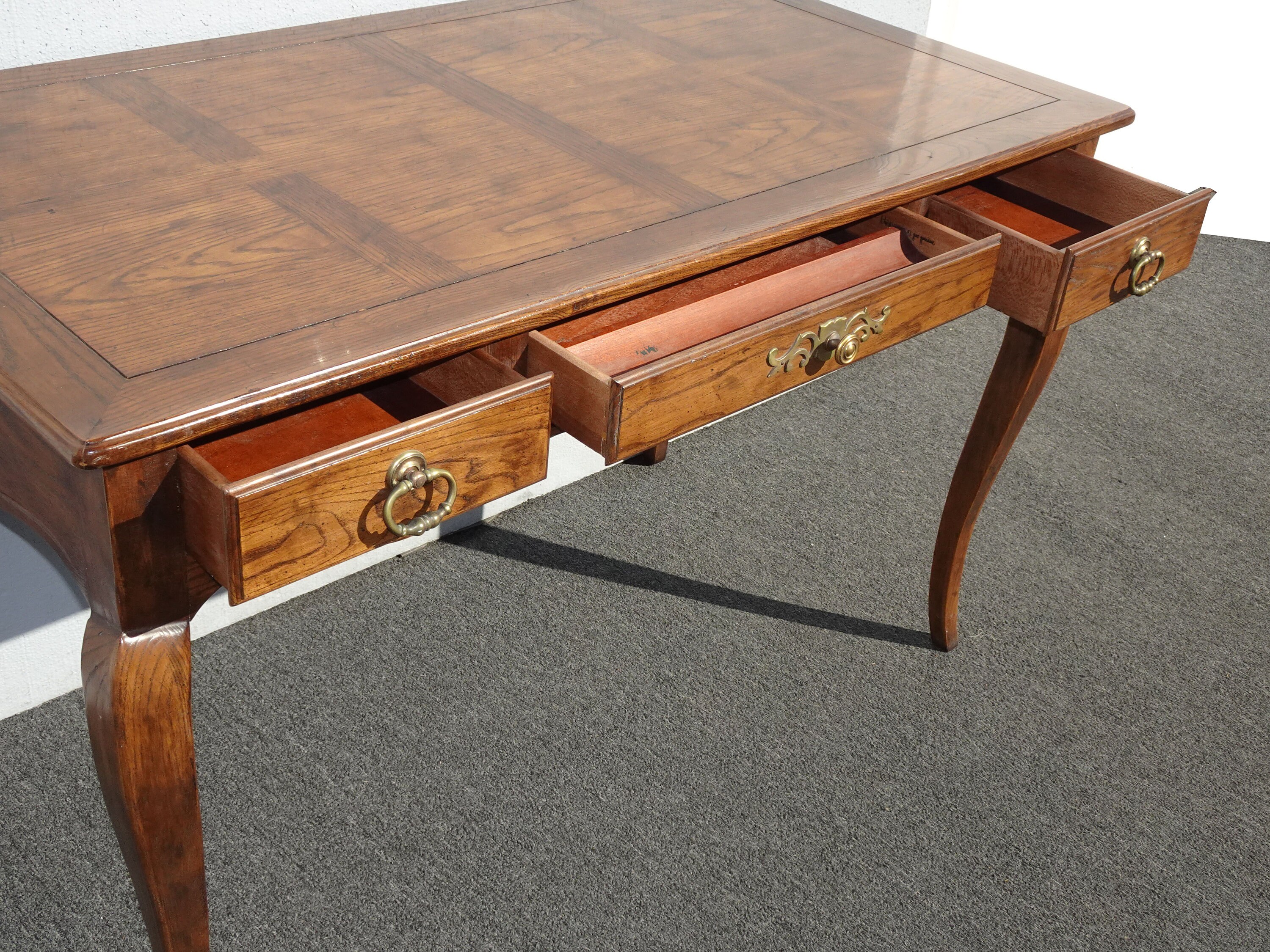 Vintage French Country Henredon Oak Writing Desk w Three Drawers