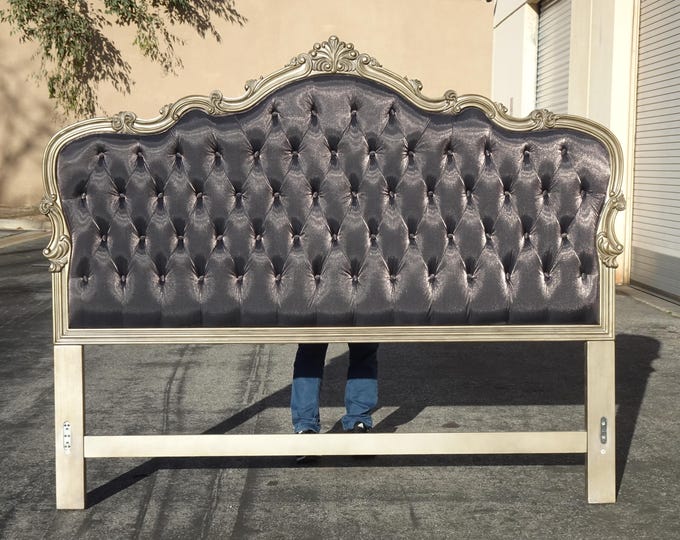 French Provincial Louis XVI Style Metallic Dark Gray Tufted Cal King Headboard