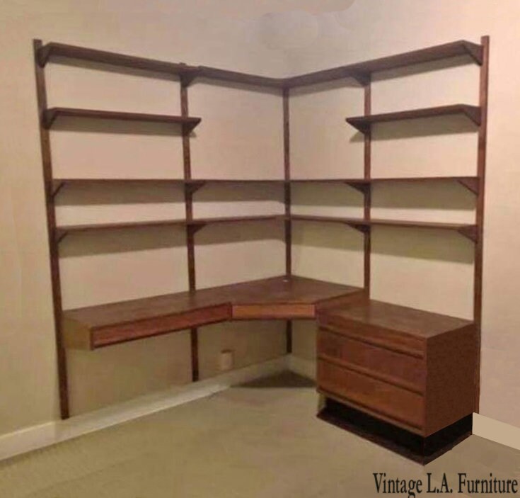 Vintage Mid Century Modern Four Row Corner Oak Wall Unit Two Desks