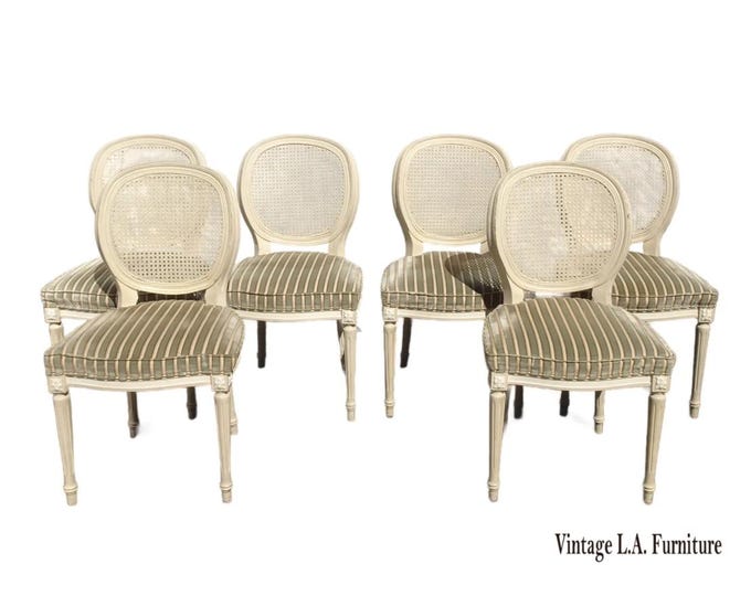 Set Six Chairs Vintage French Louis Petite Round Back Cane Balloon Chairs Shabby Chic