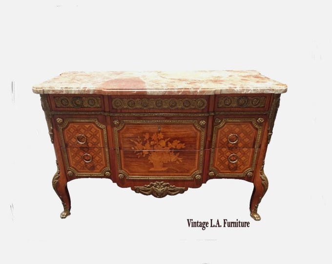 Antique French Louis XV Console Table Chest Commode Marble Top Marquetry Ormolu