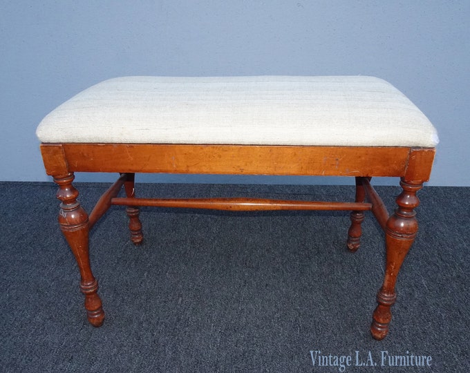 Vintage French Country Brown Bench w White Fabric