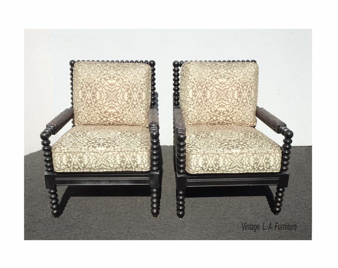 Pair of Tommy Bahama Metal Barley Twist Chairs w Leather Armrests ~ Bobbin Spool