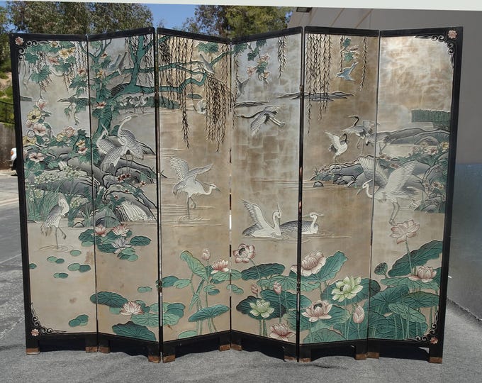 Vintage Silver Chinese Asian Six Panel Screen ~ Room Divider w Heron Birds