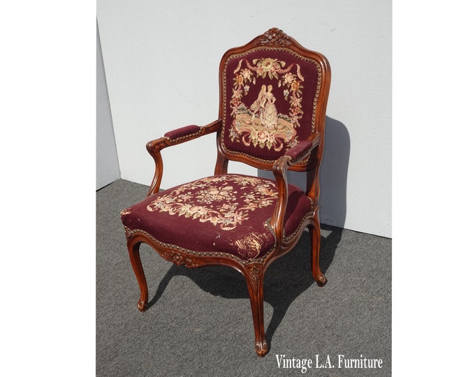 Vintage French Provincial Burgundy Needlepoint Tapestry Bergere Chair Asis
