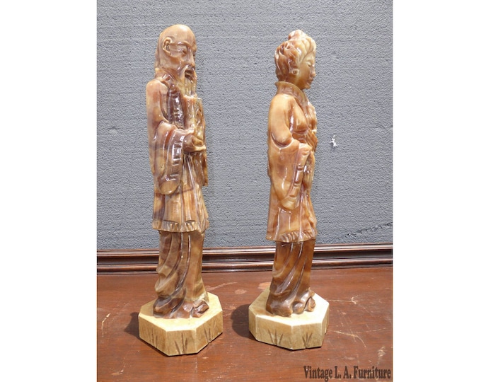 Pair Vintage Oriental Asian Style Man & Woman Marble Statues Sculptures 18" Tall