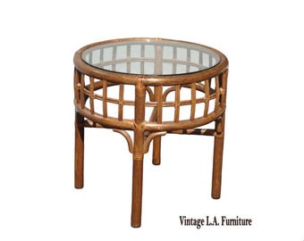 Vintage French Country Bamboo Rattan End Table Side Table w Glass Top