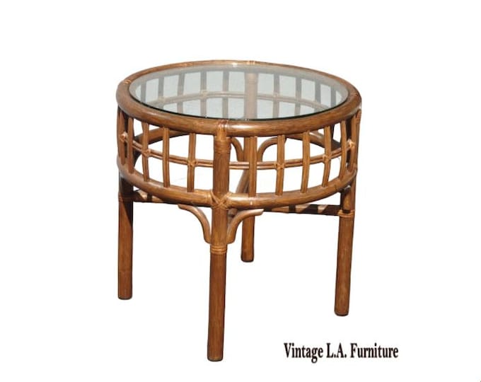 Vintage French Country Bamboo Rattan End Table Side Table w Glass Top