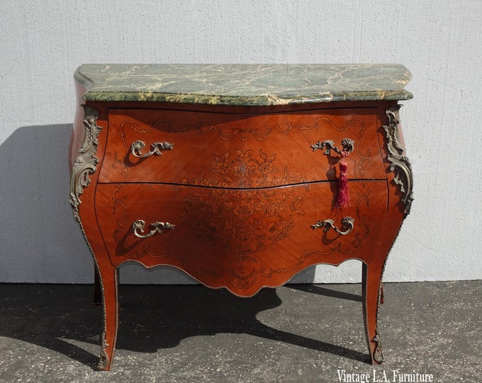 Vintage French Louis VXI Marquetry Commode Side Table w Marble and Ormolu Chest