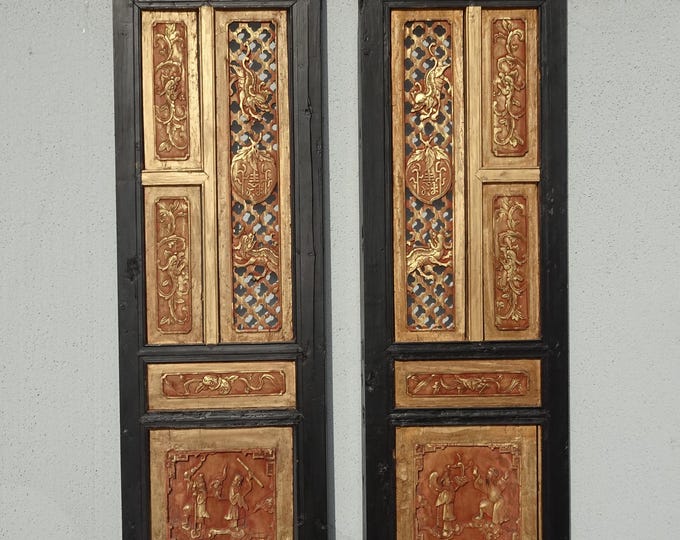 Pair Antique Chinese Hand Carved Gold & Red Panel Screens Pictures Wall Decor