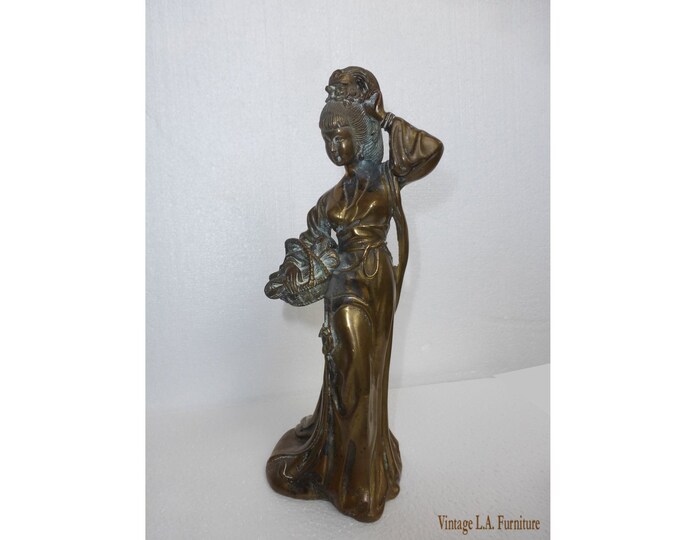 Vintage Bronze Sculpture Oriental Asian Woman Figurine Holding Basket