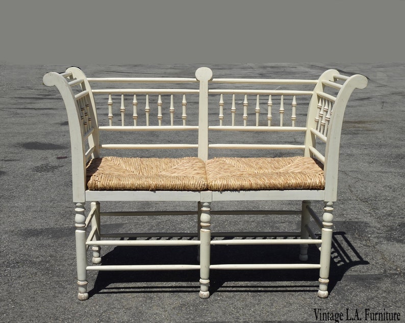 Vintage French Country Off White Bench Settee W Rush Seat And Etsy