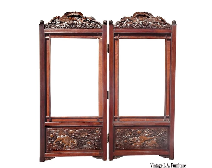 Antique Japanese Shibayama Style Two Panel Folding Screen Intricate Carved Doors