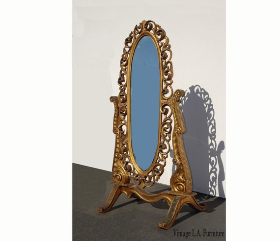 Antique French Provincial Louis Xvi Rococo Gold Gilt Cheval Mirror W Scrolls