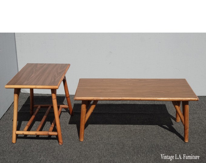 Set Vintage Mid Century Modern Bamboo Coffee Table and End Table w Laminate Top