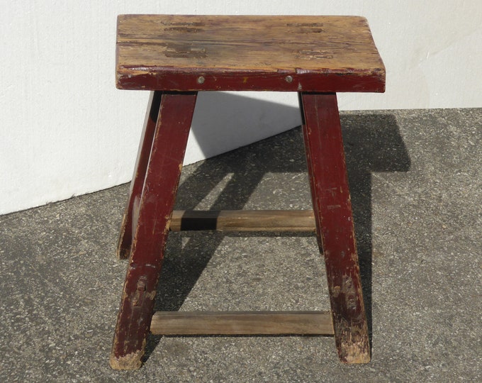 Vintage French Country Primitive Farmhouse Rustic Red Stool Bench