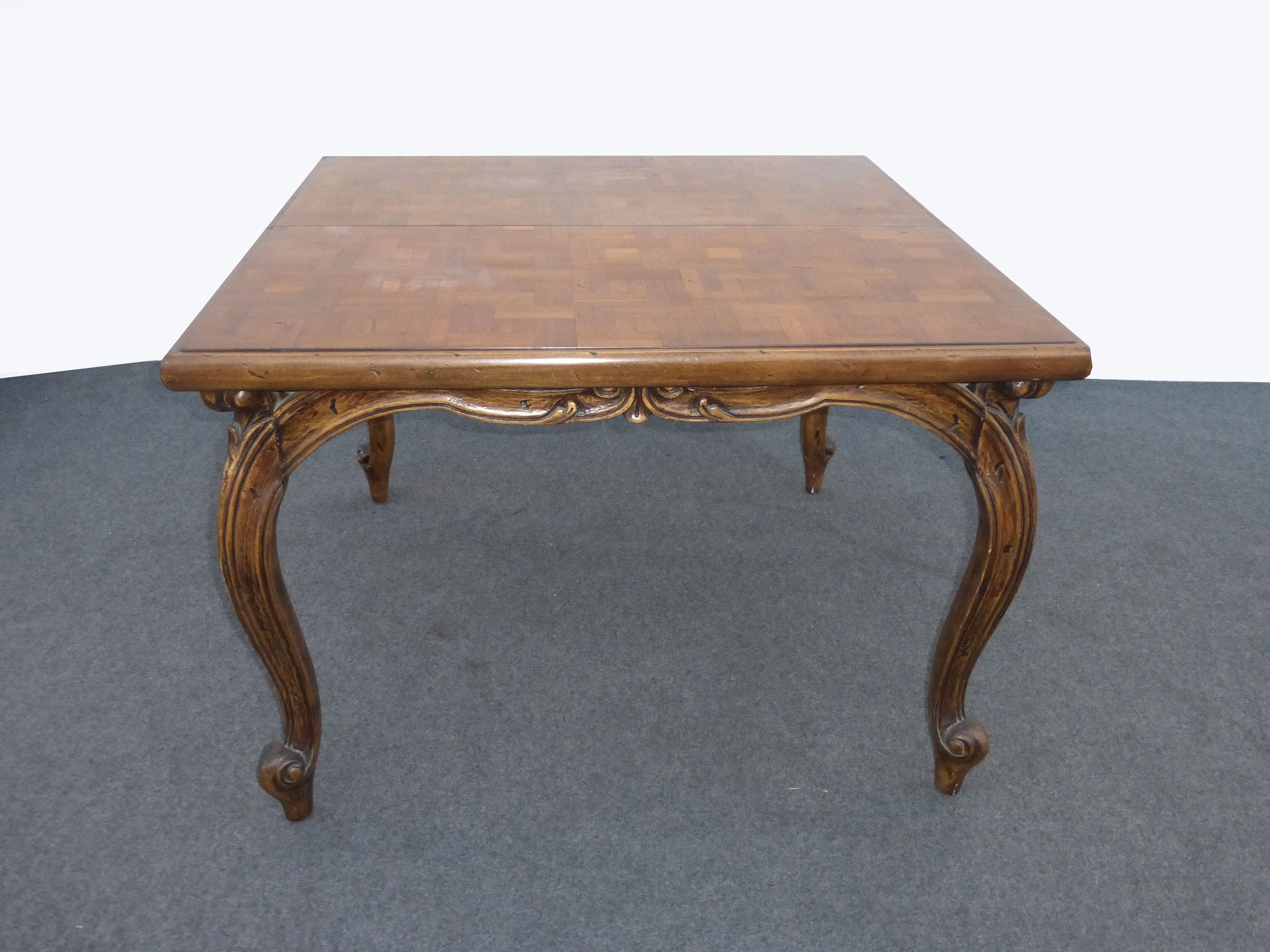 Vintage French Provincial Dining Table with Parquet Top w 2 Leaves