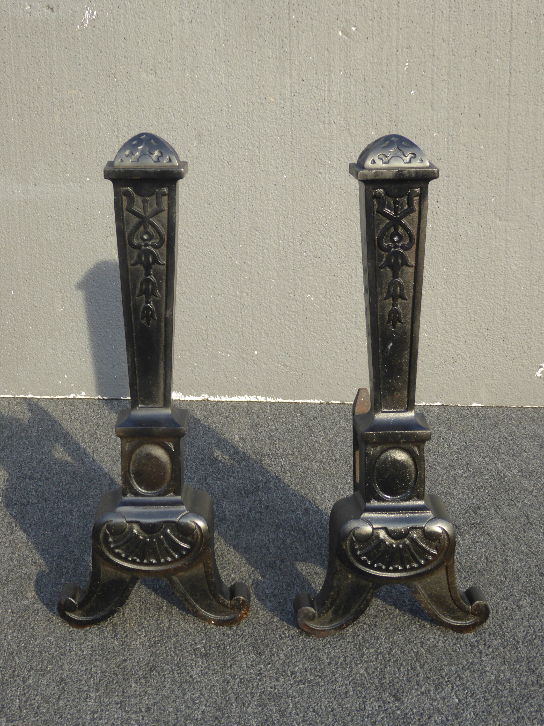 Pair of Vintage Wrought Iron Black Fireplace Andirons French Country