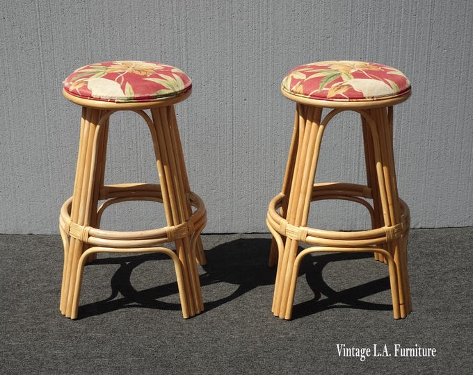 Pair Mid Century Modern Bamboo Swivel Barstools Bar Stools
