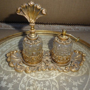 Vintage Ornate Ormolu Gold Filigree Perfume Tray w 3 Glass Perfume Bottles image 7