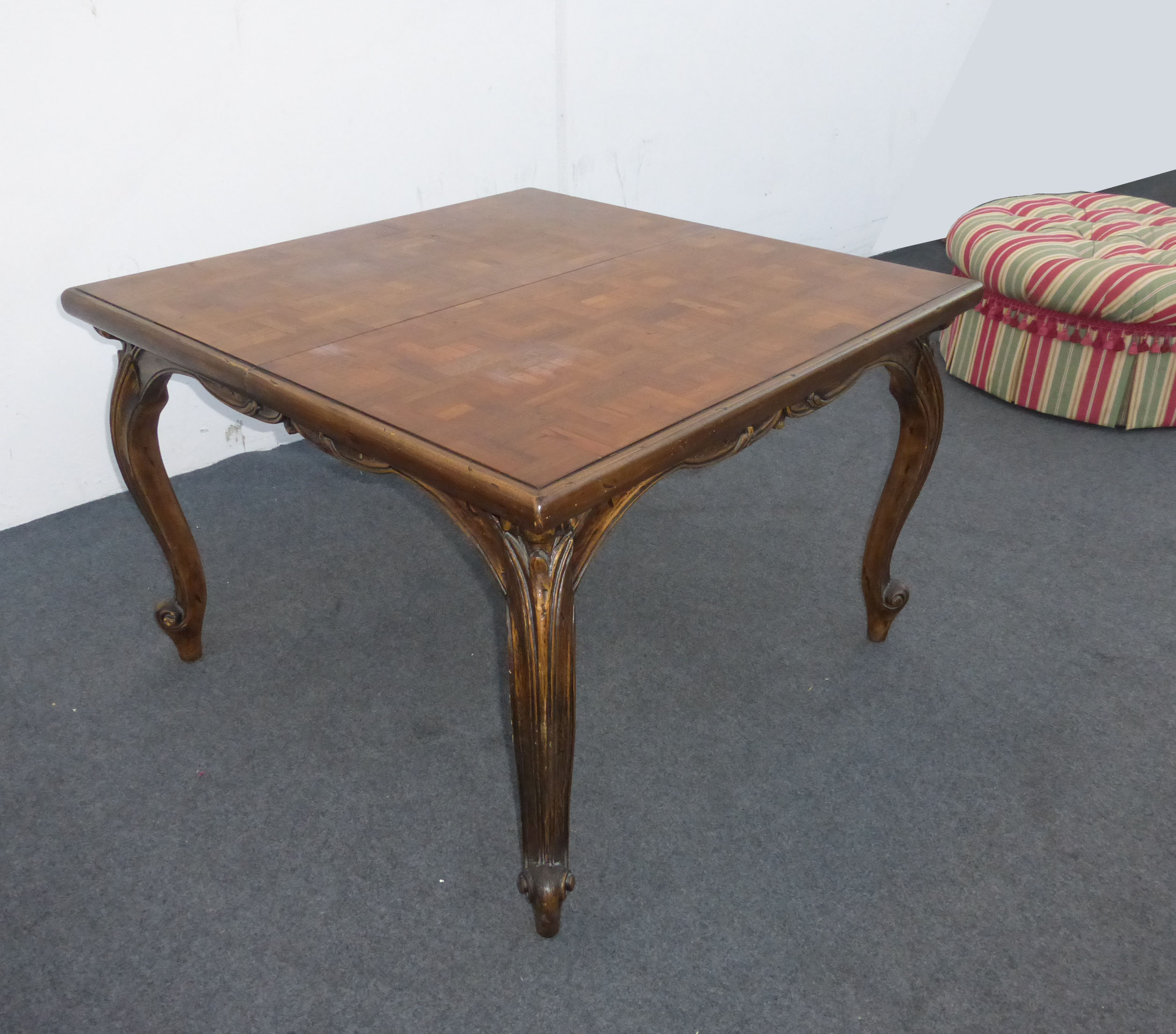 Vintage French Provincial Dining Table with Parquet Top w 2 Leaves