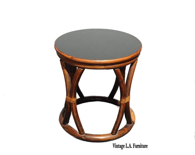 Vintage Round McGuire Style Bamboo and Rattan Side Table w Black Table Top