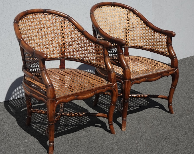 Pair French Louis Brown Cane Barrel Club Chairs w Bamboo Style Frames Asis 2of 2
