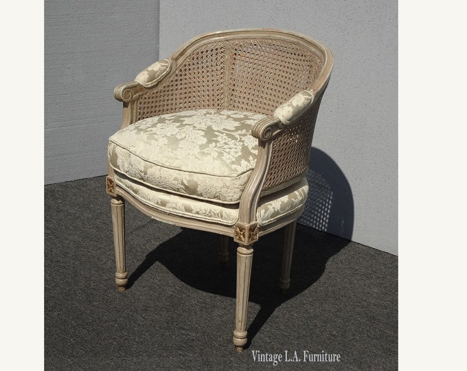 Vintage Green Floral Club Cane Down Silk Side Arm Chair ~ French Louis
