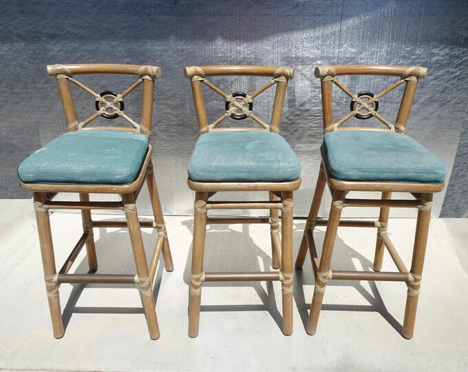Set of Three Vintage McGuire Bamboo Barstools w Leather Straps & Brass Footrest