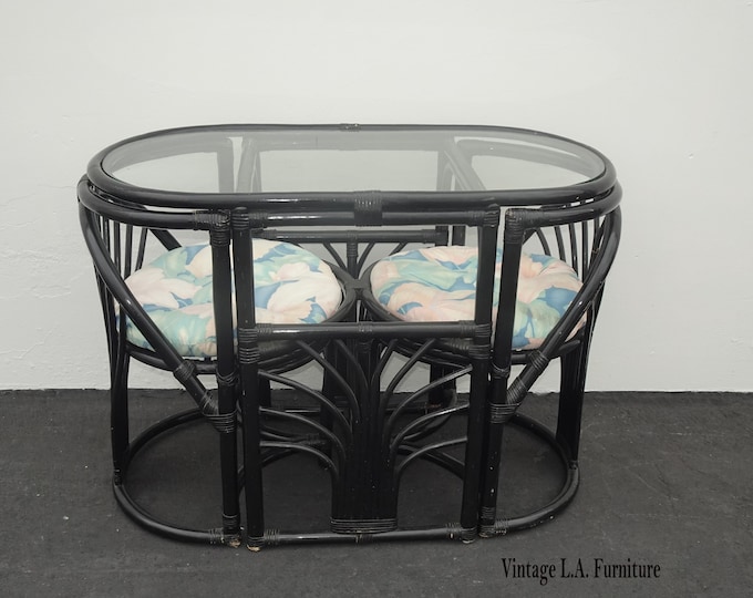 Mid Century Paul Frankl Style Bamboo Rattan Bistro Oval Dining Table w 2 Chairs