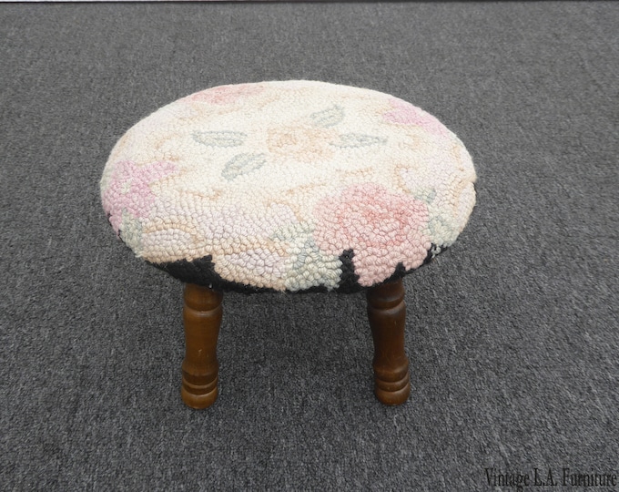 Vintage French Country Round Floral Needlepoint White Footstool