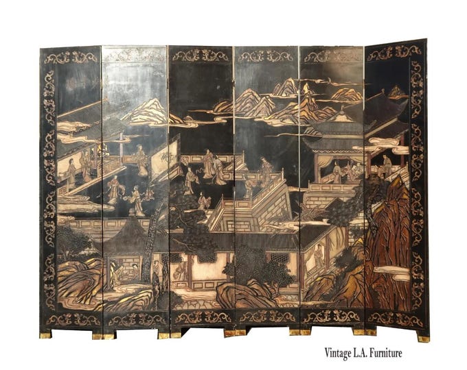 Vintage Oriental Asian Palace City Coromandel Chinoiserie Black Six Panel Screen