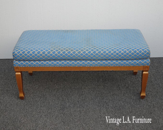 Vintage French Country Gold & Blue Diamonds Bench ~ Hollywood Regency Asis