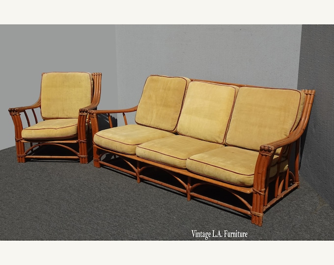 Vintage Mid Century Modern Bamboo Rattan Sofa and Chair