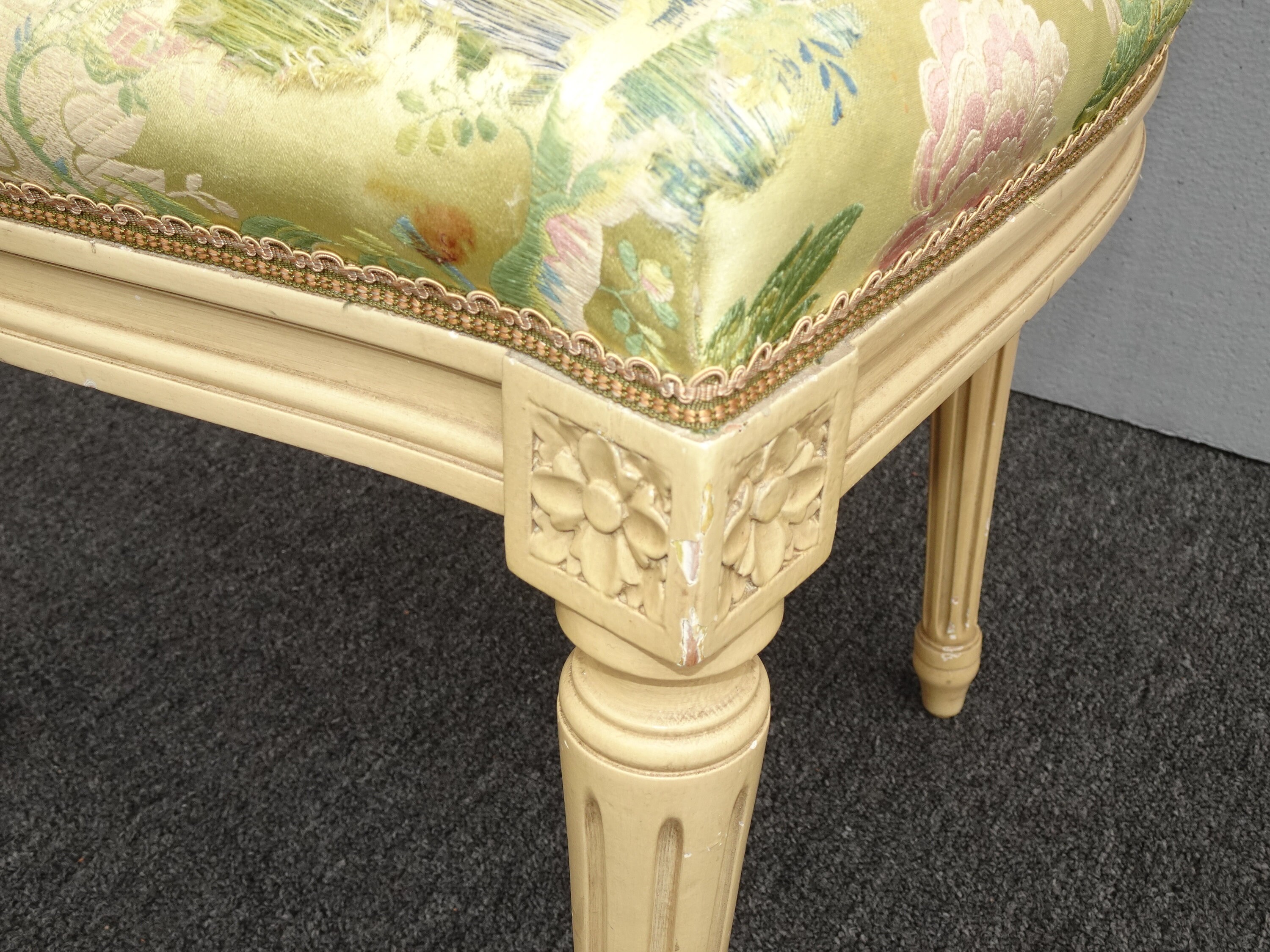 Vintage French Country Gold Silk Blend Floral Side Chair Vanity Chair
