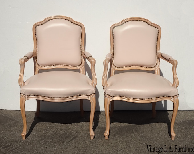 Pair Vintage French Country Leather Accent Chairs by Chateau D'AX Spa Made Italy