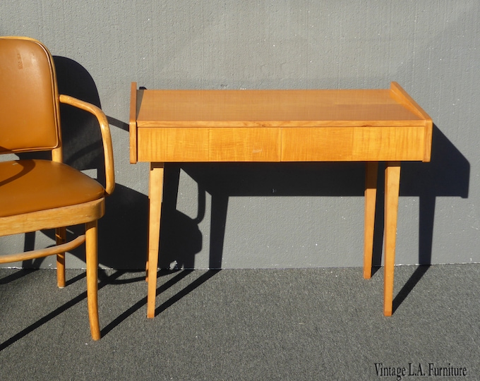 Vintage Mid Century Modern Golden Brown Side Table w Two Drawer