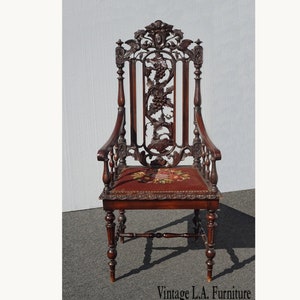 Vintage Spanish Style Highly Carved Ornate Throne Chair Needlepoint Floral Seat ~Victorian
