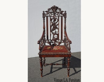 Vintage Spanish Style Highly Carved Ornate Throne Chair Needlepoint Floral Seat ~Victorian